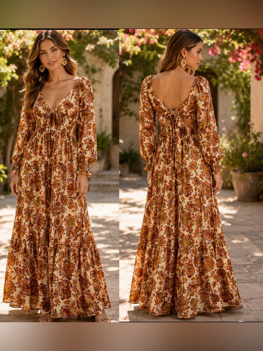 Jessica Simpson V-Neck Bohemian Empire Rust Gold Floral Maxi Dress Size M
